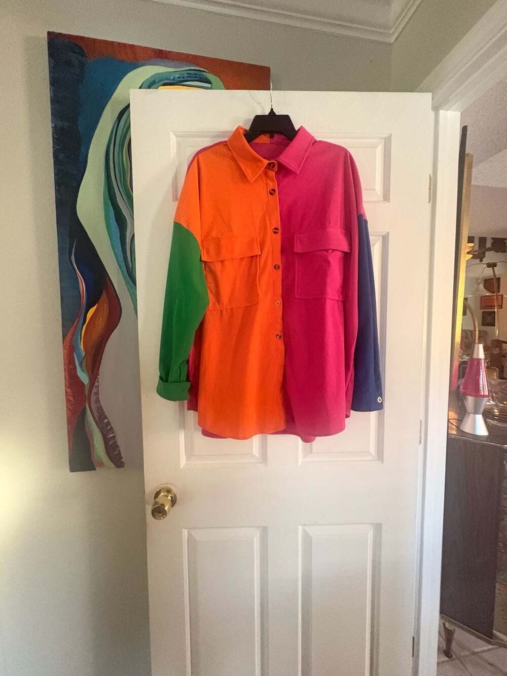 Color Block Long Sleeve Button Down Top Size 2XL